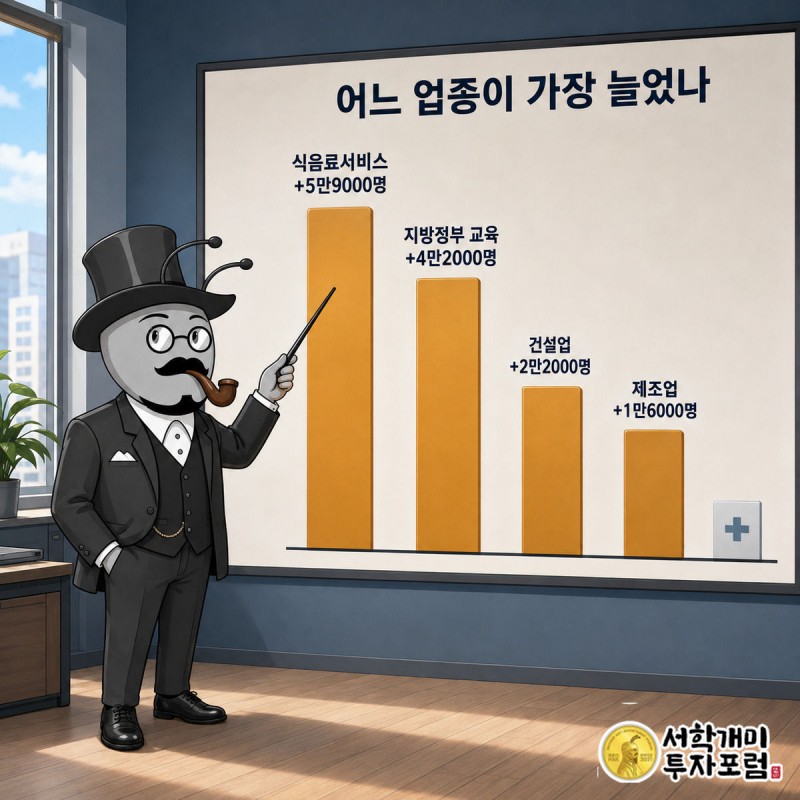 업종별 고용 증가폭을 막대그래프로 비교하며 식음료서비스업 증가를 가리키는 캐릭터