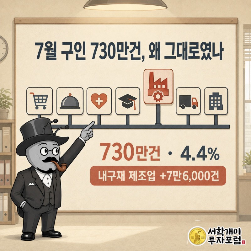 업종별 팻말이 대부분 기준선에 맞춰 있고 내구재 제조업 팻말만 튀어나온 것을 개미가 가리키는 인포그래픽