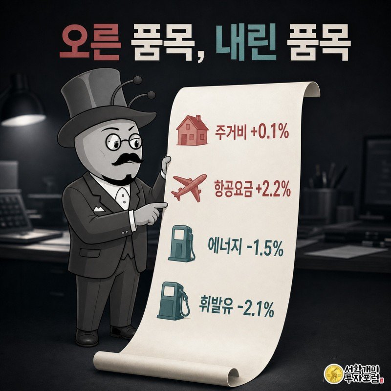 개미가 긴 영수증을 펼쳐 들고 주거비·항공요금 상승 항목과 에너지·휘발유 하락 항목을 손가락으로 비교하는 모습