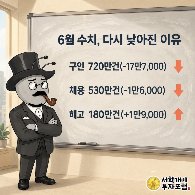 칠판의 6월 수치가 지워지고 새로 쓰이는 장면을 서민개미가 의심스러운 표정으로 지켜보는 이미지