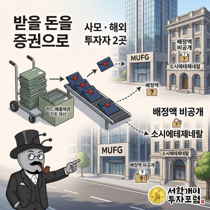 카드 다발이 증권 봉투가 되어 MUFG와 소시에테제네랄 건물로 넘어가는 흐름을 개미가 지켜보는 장면.