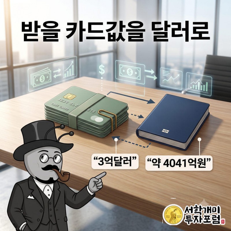 창가 책상 위에서 개미가 신용카드 다발을 들어 살피고 그 위에 3억달러 배지가 붙어 있는 장면.