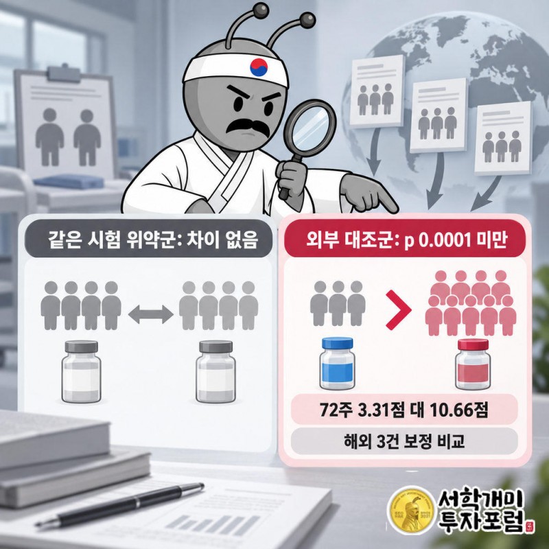 2a상 24주 1차 평가변수는 0.56mg군 p=0.4254, 1.12mg군 p=0.3184로 위약과 유의하지 않았다