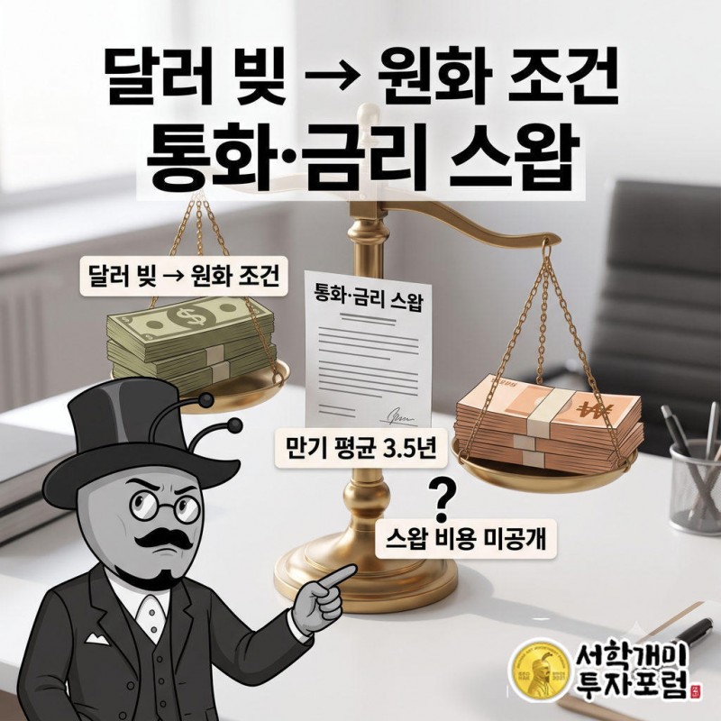 양팔 저울 위에서 달러 빚과 원화 조건이 스왑 계약서로 균형을 이루고 개미가 계약서를 가리키는 장면.