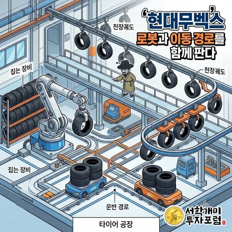 현대무벡스 타이어 공장 물류자동화와 동일 현장 신축·증설 재참여 커버 — 현대무벡스 로봇과 이동 경로를 함께 판다