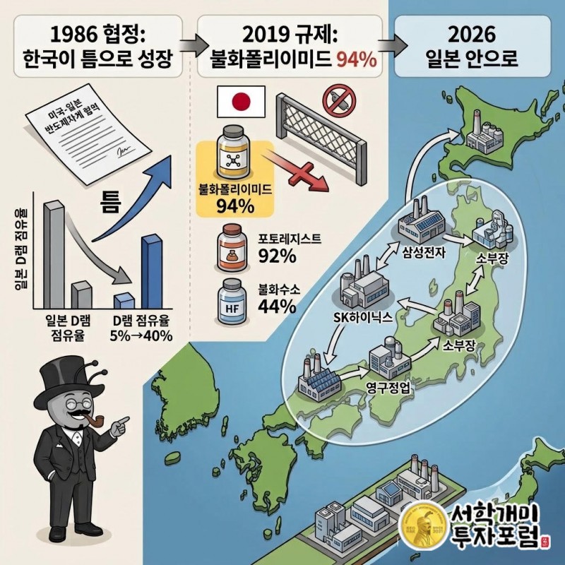 1986년 미·일 협정 뒤 한국 D램 점유율은 약 5%에서 40%로 올라 1998년 일본을 추월했다