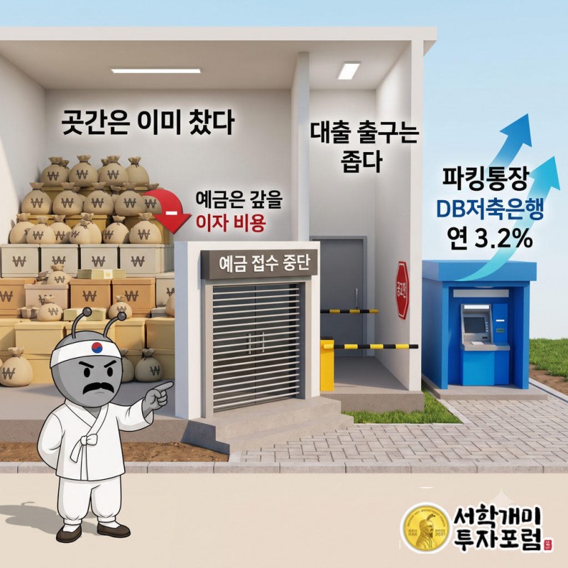 동학개미가 이자 꼬리표 달린 돈자루를 메고, 예금이 가득 찬 저축은행 곳간과 대출 규제로 막힌 출구, 옆의 파킹통장 함을 바라본다.