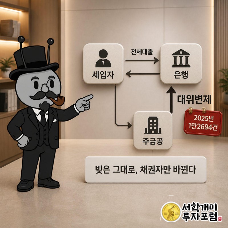 세입자가 은행에서 전세대출을 받고 주금공이 보증을 서며, 못 갚으면 주금공이 은행에 대신 갚는다(대위변제)