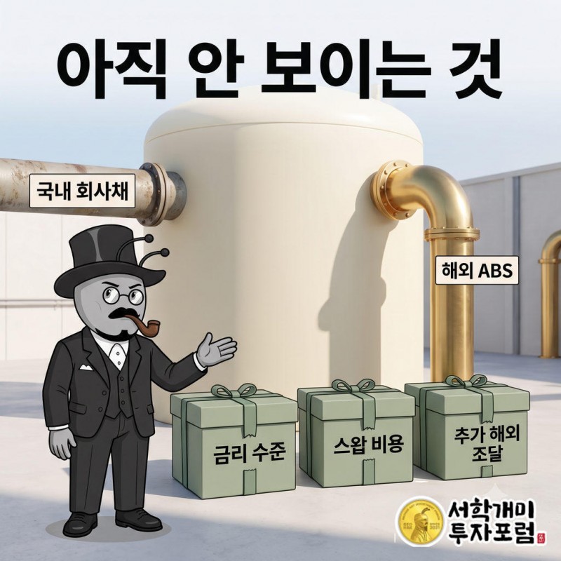 카드사 자금 탱크로 두 파이프가 이어지고 개미가 금리·스왑 비용·추가 조달이 적힌 봉인 상자를 들여다보는 장면.