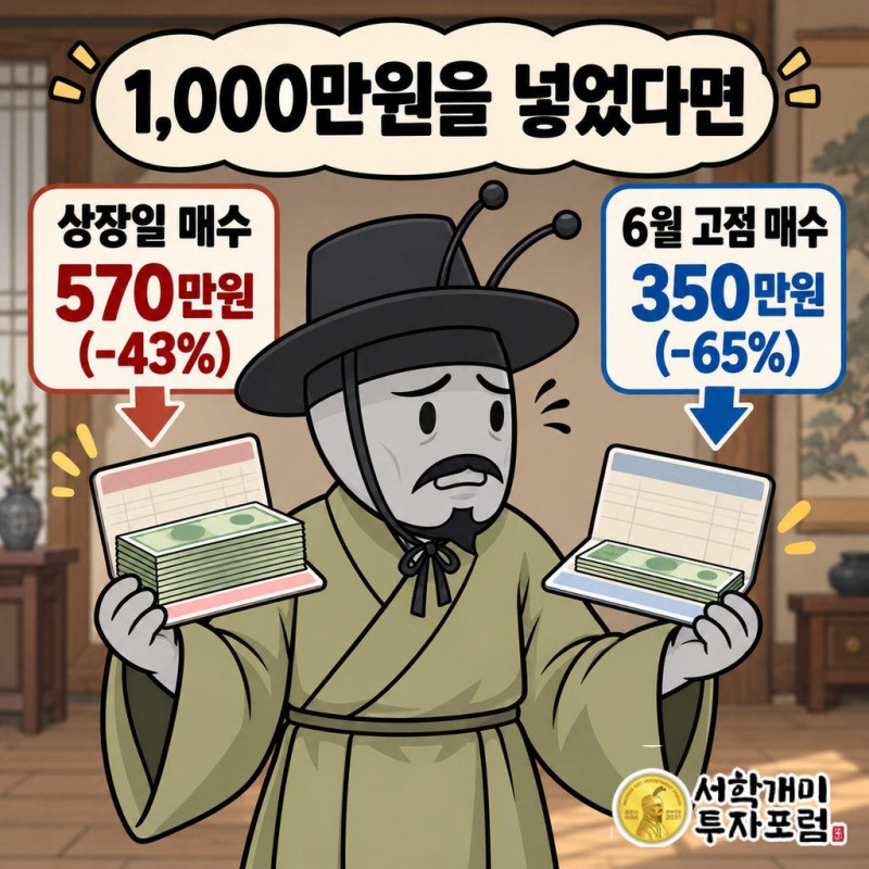 상장일 매수 기준 1,000만원은 약 570만원으로 줄었다(약 -43%)