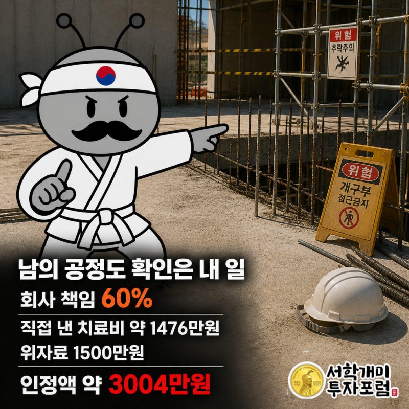 회사는 보호장구 지급·안전교육, 다른 업체가 시공한 상판이라 관리 권한이 없다고 주장했으나 법원은 받아들이지 않음