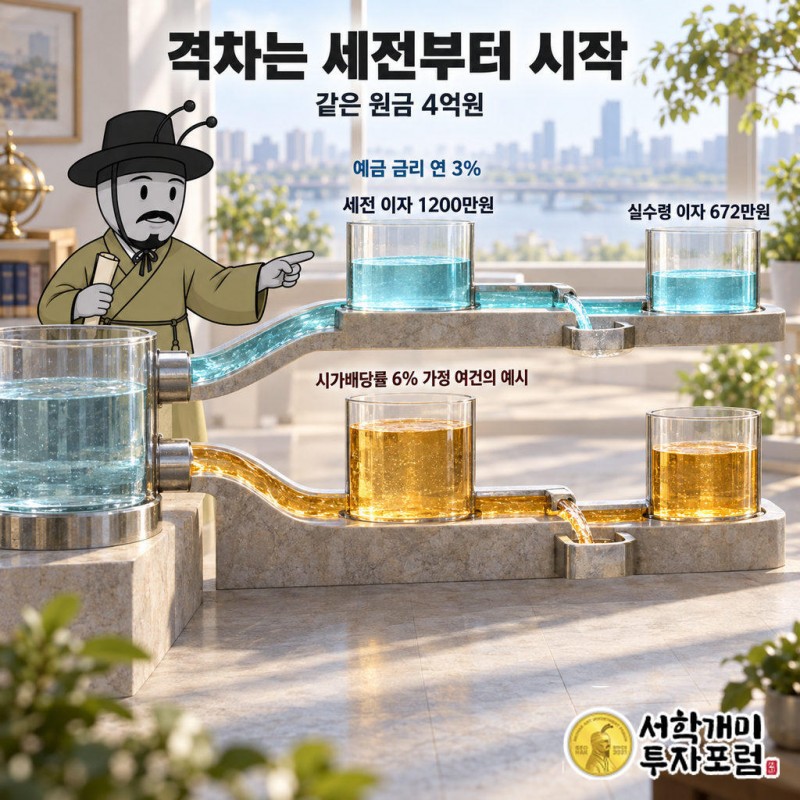 동일한 원금 4억원에 예금 연 3%와 주식 시가배당률 6%를 적용한 비교다.