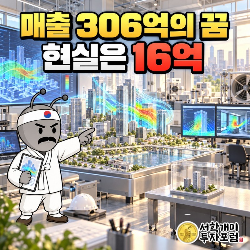 E8 상장폐지 우려 안내와 상장 때 제시한 2025년 매출 306억원 대비 실제 16억5,500만원을 대비한 표지