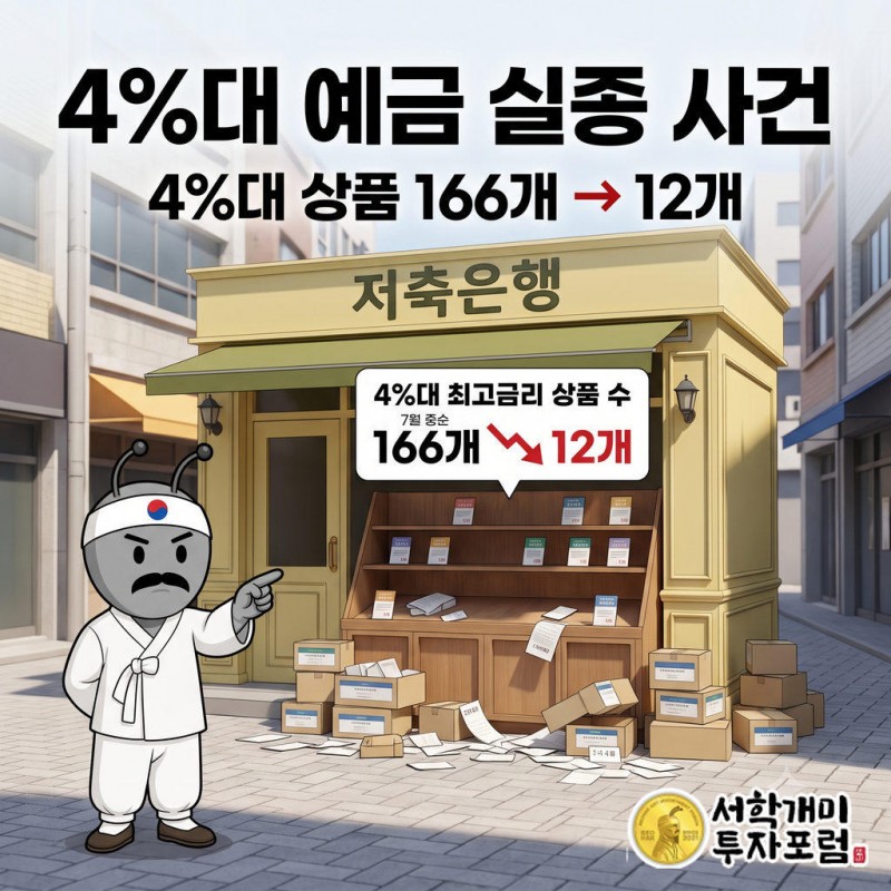 밝은 낮 금융가 골목에서 동학개미가 돋보기로 거의 다 치워진 저축은행 진열대를 들여다보고, 뒤편 시중은행 지점에는 금리 인상 현수막이 걸려 있다.