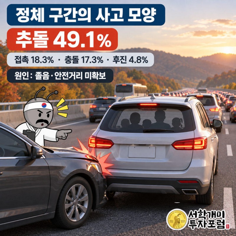 추석 당일 사고의 49.1%가 추돌이며 접촉 18.3%, 충돌 17.3%, 후진 4.8%가 뒤를 잇는다