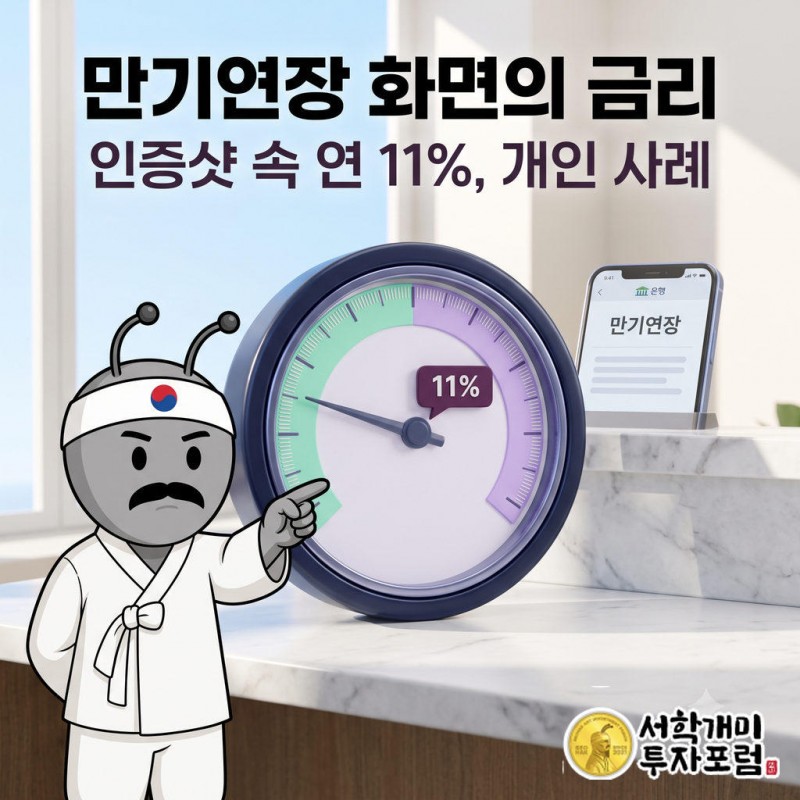 밝은 창가 책상 위의 큰 금리 계기판 바늘이 연 11%를 가리키고 동학개미가 놀란 얼굴로 올려다보는 장면