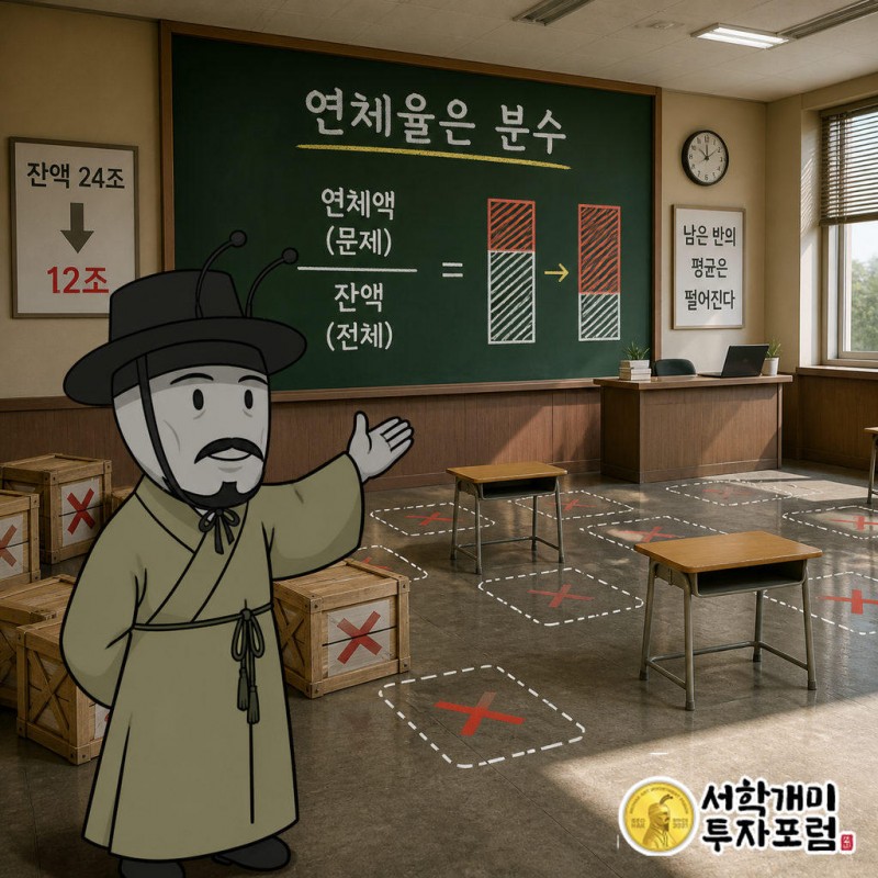 연체율은 밀린 대출(분자)을 남은 대출 전체(분모)로 나눈 값이다