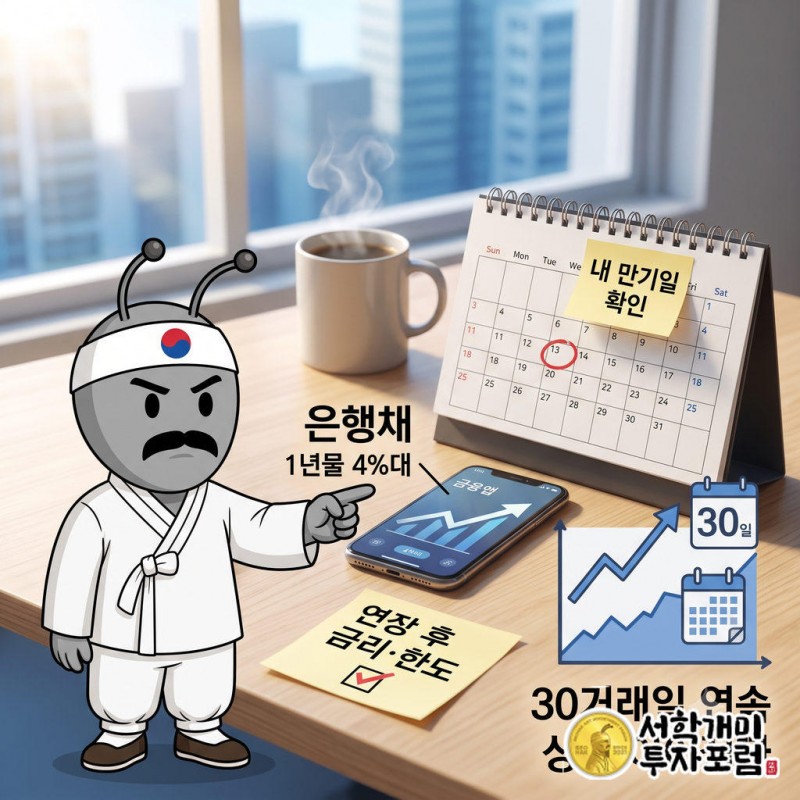 창가 책상 위 탁상 달력의 만기일 동그라미와 체크 메모를 보며 동학개미가 펜으로 확인 표시를 하는 장면