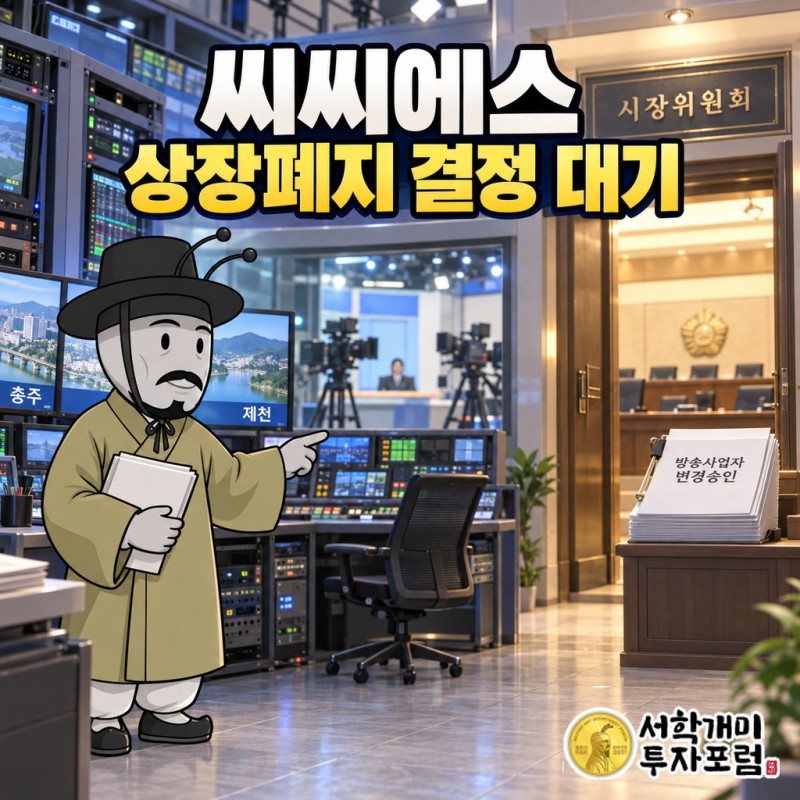 충북 충주에 본사를 둔 지역 케이블TV 회사 씨씨에스충북방송의 상장폐지 여부 결정 안내 공시를 소개하는 표지