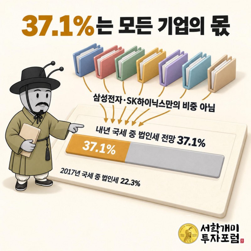 내년 국세수입에서 모든 기업이 내는 법인세의 비중은 37.1%로 전망된다.