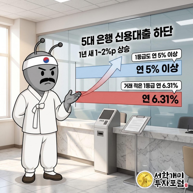 은행 창구 로비의 유리 금리판에서 1등급 하단 연 5% 이상과 거래 실적이 적은 1등급 연 6.31% 막대를 동학개미가 의심스레 비교하는 모습