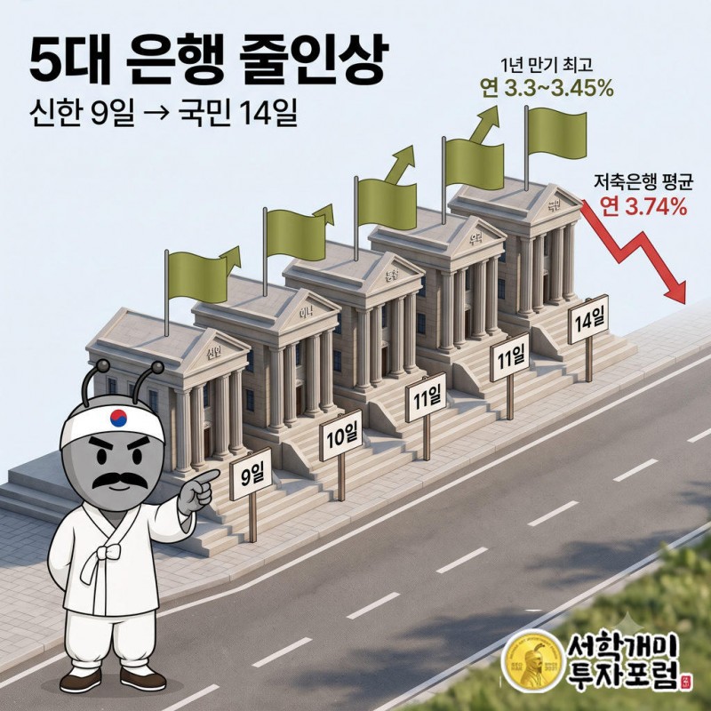 동학개미가 날짜 표지판이 붙은 시중은행 지점 다섯 채가 계단처럼 올라가는 대로를 올려다보고, 맨 끝에는 내려앉은 언덕 위에 저축은행 간판이 놓여 있다.