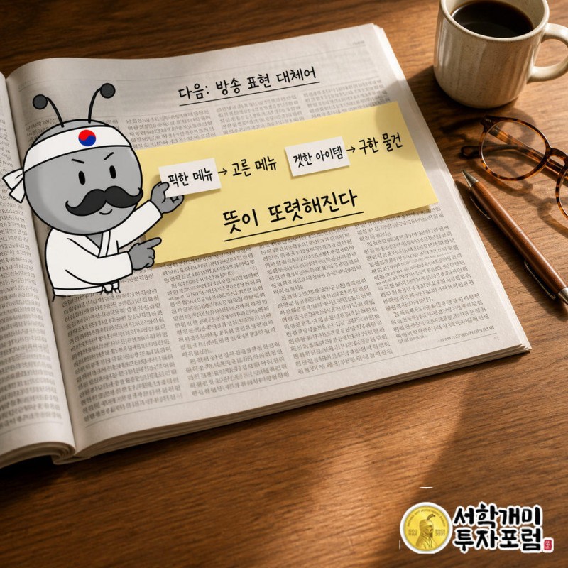 '픽한 메뉴'는 '고른 메뉴', '겟한 아이템'은 '구한 물건'으로 바꿀 수 있다