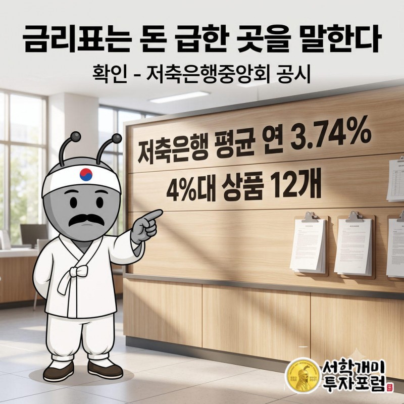 동학개미가 창구 벽의 큰 금리 게시판에 적힌 저축은행 평균금리와 4%대 상품 수를 돋보기로 가리키며 웃고 있다.