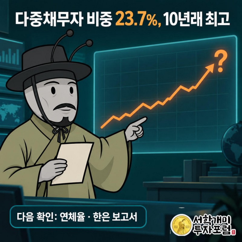 다중채무자(3개 이상 금융기관) 비중 2026년 2분기 23.7%, 2016년 1분기 이후 최고