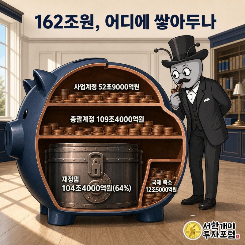 저금통 단면 속 미래대응기금 자금이 사업계정과 재정댐 용도로 나뉘어 쌓인 것을 서민개미가 들여다보는 그림