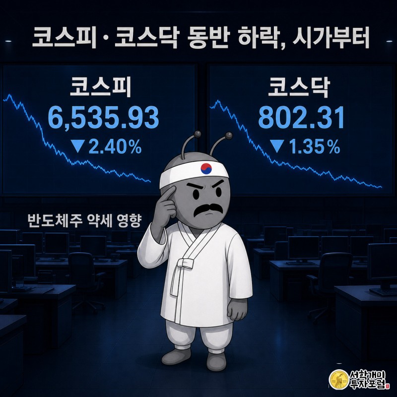 딜링룸에서 코스피와 코스닥 두 전광판 하락 수치를 개미가 번갈아 확인하며 당혹스러워하는 모습