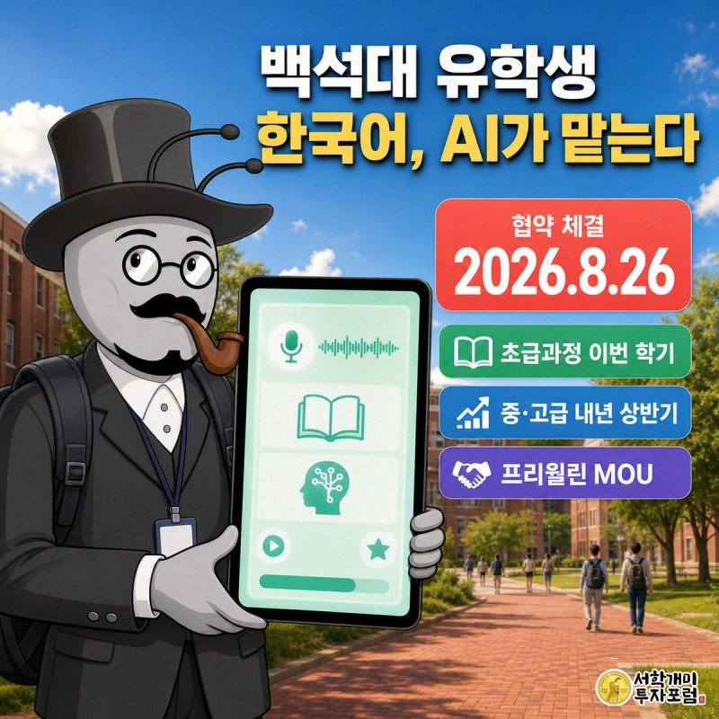 백석대 유학생 캐릭터가 AI 한국어 학습 앱이 켜진 태블릿을 들고 놀란 표정으로 내려다보는 모습, 뒤로 캠퍼스 건물이 보인다