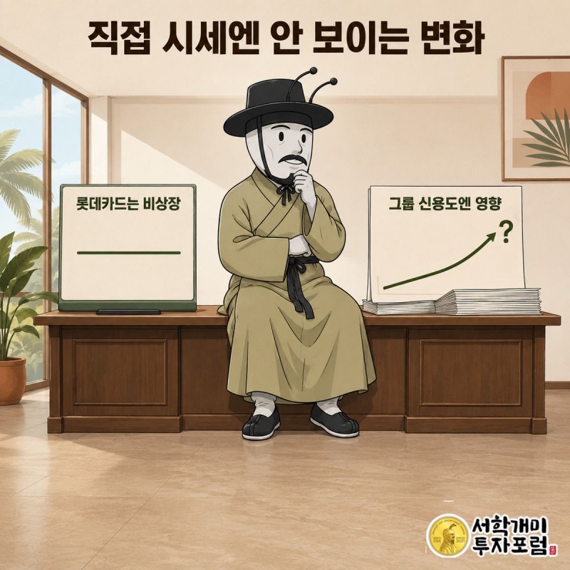 왼쪽은 변화 없는 증시 시세판, 오른쪽은 상승하는 롯데카드 신용도 그래프를 부자개미가 번갈아 살피는 모습
