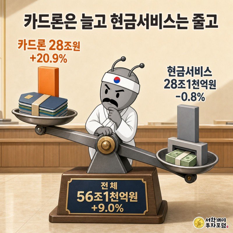 저울 위에서 카드론 쪽 막대는 솟아오르고 현금서비스 쪽 막대는 가라앉는 것을 개미가 내려다보는 인포그래픽