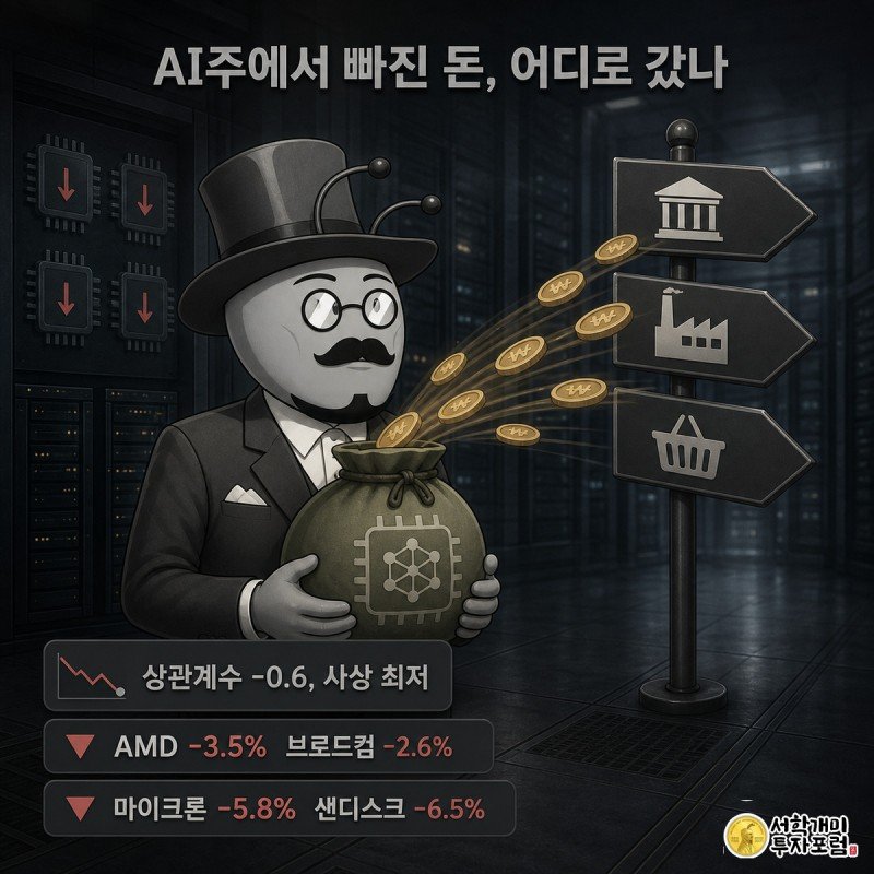 개미 캐릭터가 AI 바스켓 주머니에서 동전이 흘러나와 비AI 종목 이정표 쪽으로 옮겨가는 것을 당혹스러운 표정으로 바라보고, 배경에는 반도체 종목들의 하락 화살표가 늘어서 있다