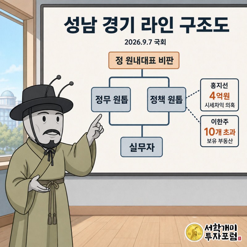 양반개미가 화이트보드의 성남 경기 라인 인물 관계도와 수치 배지를 가리켜 설명한다