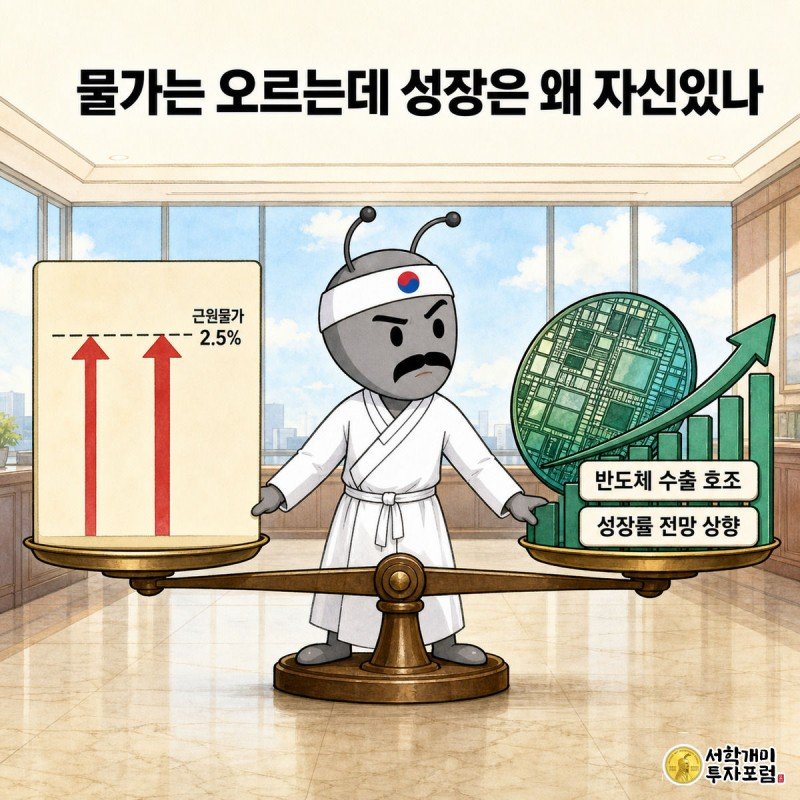 개미가 저울 위에서 물가 상승 온도계와 반도체 수출 그래프를 양손에 들고 저울질하는 그림