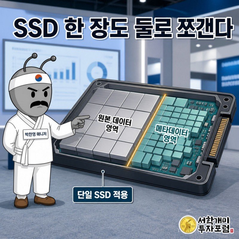 SSD 내부를 원본 데이터와 메타데이터 영역으로 나눈 파티셔닝을 개미가 설명하는 그림