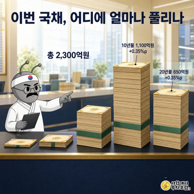 개미가 안경을 쓰고 은행 창구에 발행액 크기 순서로 쌓인 다섯 무더기의 국채 증서를 클립보드로 확인하고 있다.