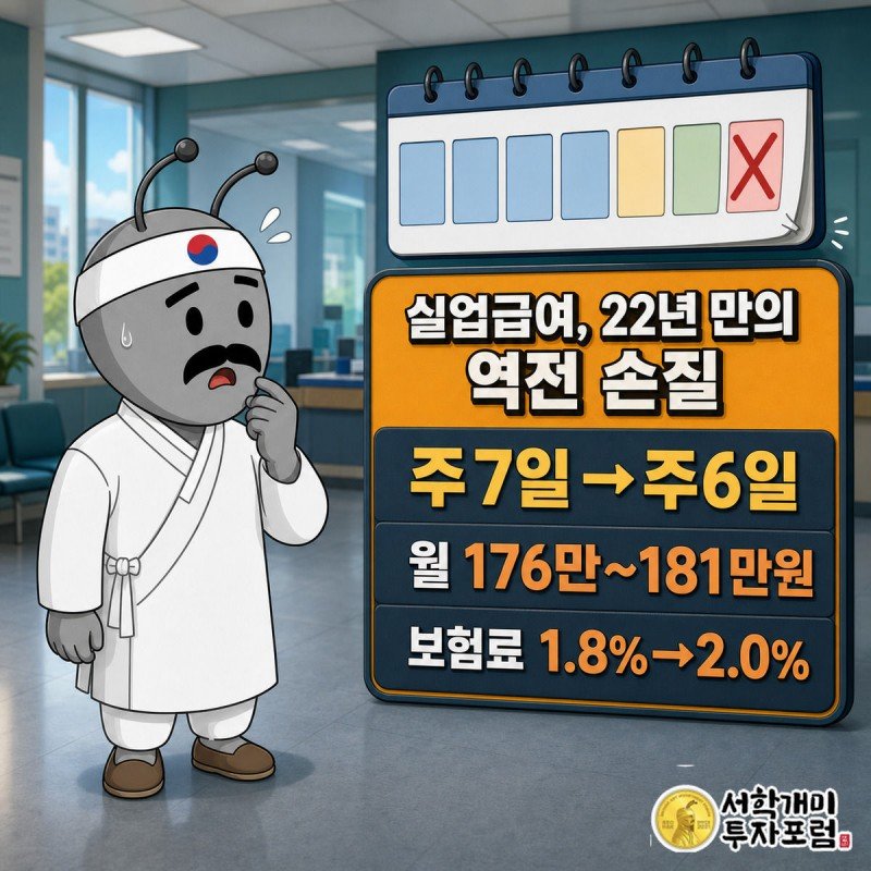 고용센터 벽보 앞에서 놀란 표정의 개미가 주7일에서 주6일로 바뀌는 실업급여 달력을 보고 있다