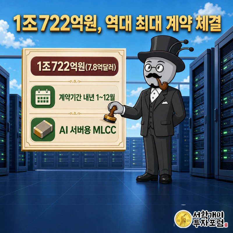 부자개미가 대형 계약서에 도장을 찍는 장면, 뒤로 서버랙이 늘어서 있다