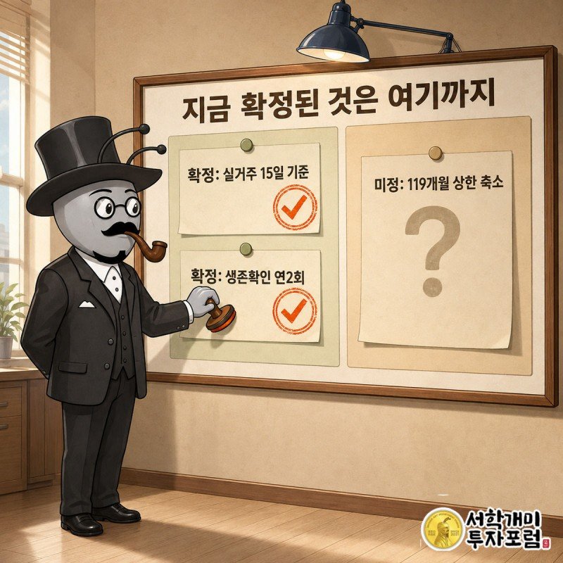 국민연금 추납 개편 중 이미 확정된 항목과 아직 정해지지 않은 항목을 도장과 물음표로 구분한 체크리스트 이미지