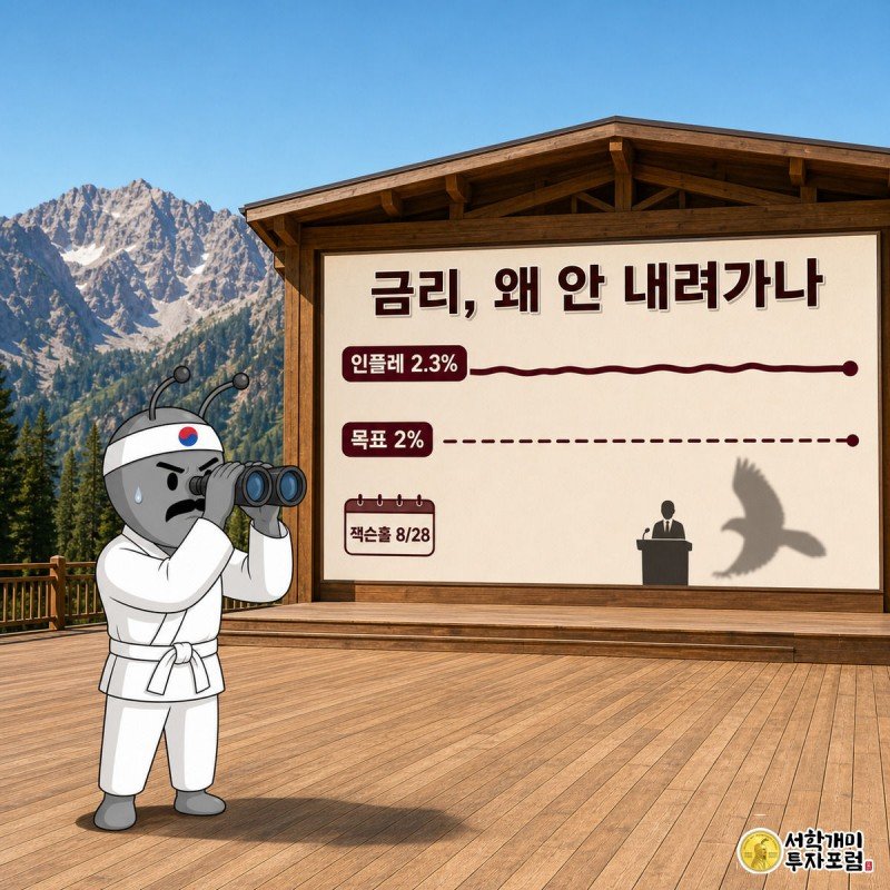 록키산맥을 배경으로 한 잭슨홀 연단에서 정장 차림 인물이 매파적으로 발언하고, 개미가 쌍안경으로 긴장하며 지켜보는 가운데 인플레이션 2.3%가 목표 2%를 웃도는 그래프가 벽에 떠 있다.