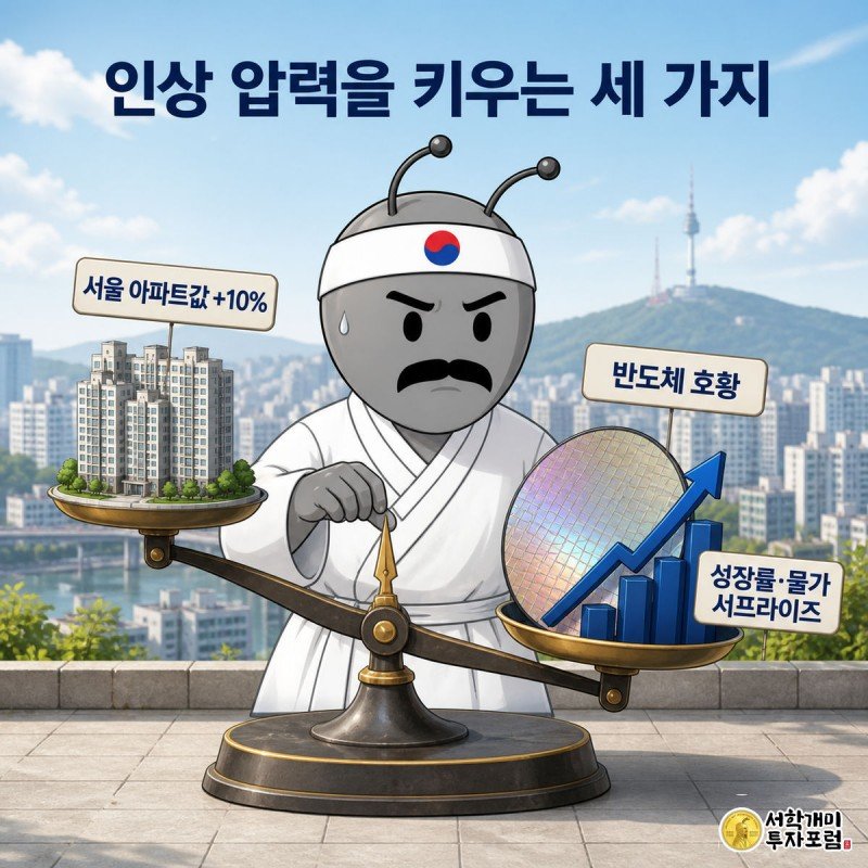 개미가 천칭 저울에 아파트 모형과 반도체 웨이퍼, 상승 그래프를 올리며 곤혹스러워하는 그림