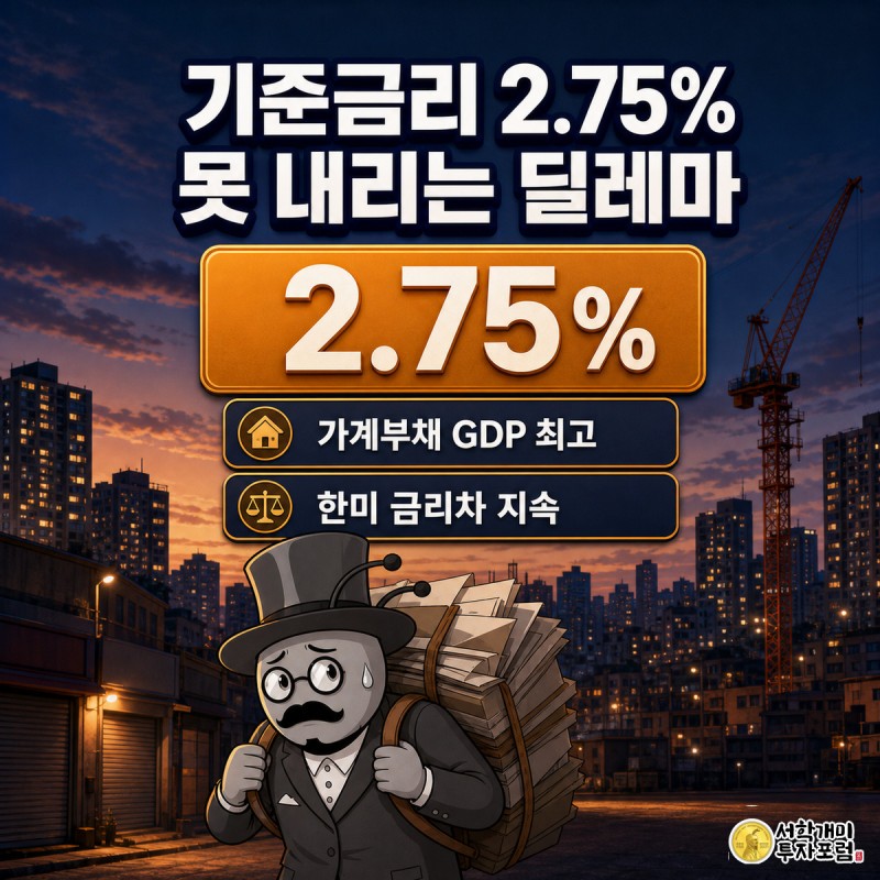 해질녘 도시를 배경으로 대출 서류 뭉치를 짊어진 개미가 휘청이며 서 있고, 화면 중앙에 기준금리 2.75% 수치 배지가 떠 있는 표지 일러스트.