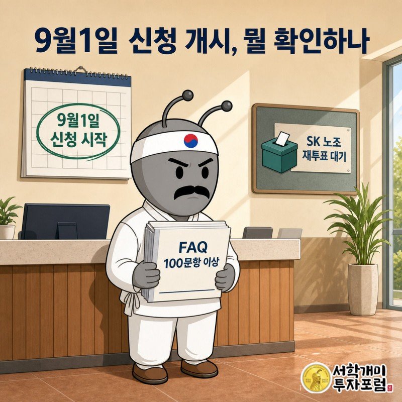 서민개미가 FAQ 서류를 들고 9월1일 날짜가 표시된 신청 창구 앞에 서 있고 옆에 SK하이닉스 노조 재투표 대기 표시가 있는 모습
