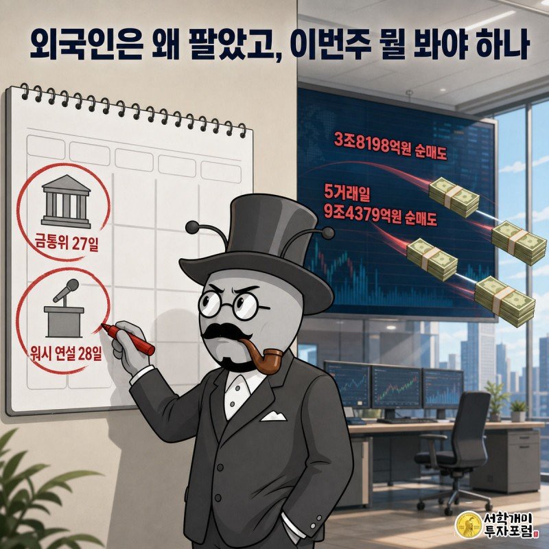 금통위와 잭슨홀 연설 날짜에 동그라미를 치는 개미와 전광판에서 빠져나가는 외국인 자금을 그린 장면