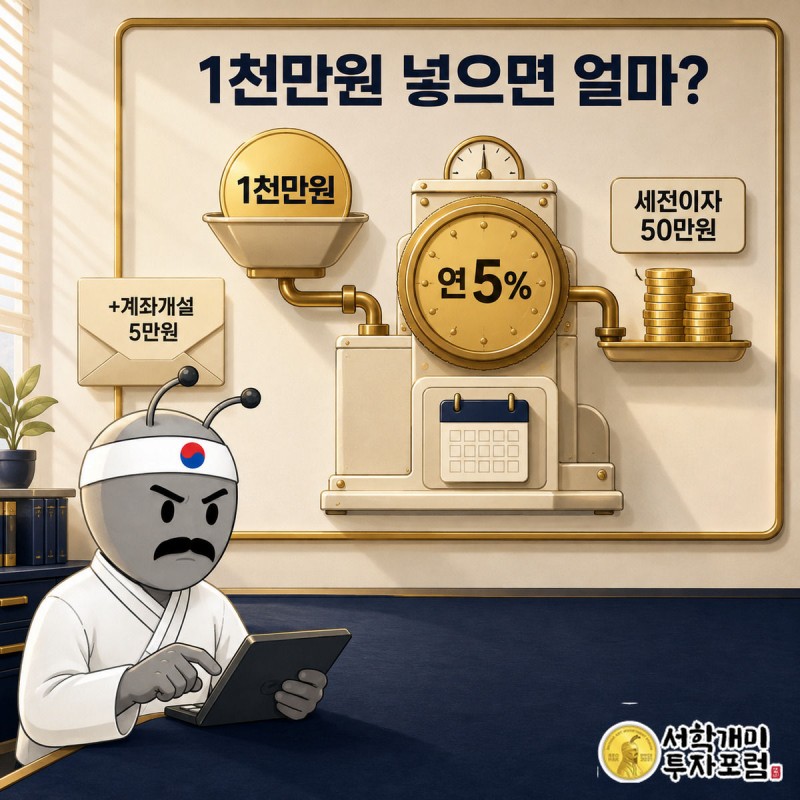 통장 잔고 1천만원에 연 5% 금리를 곱해 세전 이자 50만원이 표시되는 계산 장면