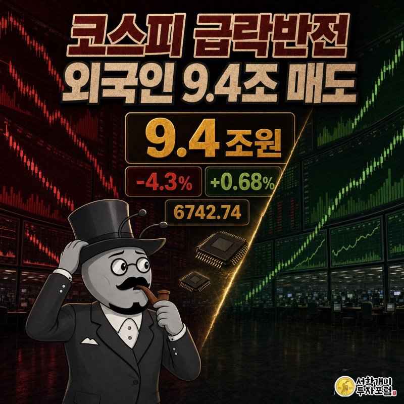대각선으로 갈라진 화면 왼쪽에서 급락 차트를 보고 경악하는 개미와 오른쪽에서 반등 차트를 보고 안도하는 개미, 가운데 골드 배지에 외국인 순매도 9.4조원이 표시된 정보 일러스트