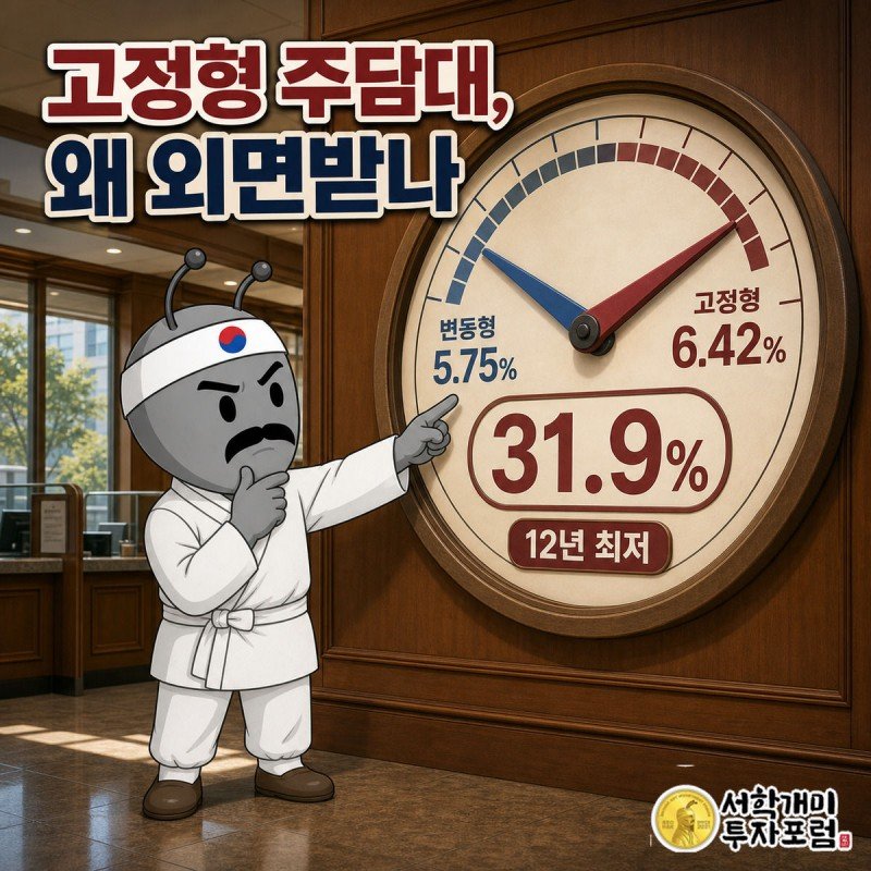은행 창구 배경에서 서민개미가 고정형·변동형 금리를 가리키는 게이지를 보며 놀란 표정을 짓고, 화면 중앙에 31.9%라는 핵심 수치가 강조된 커버 이미지